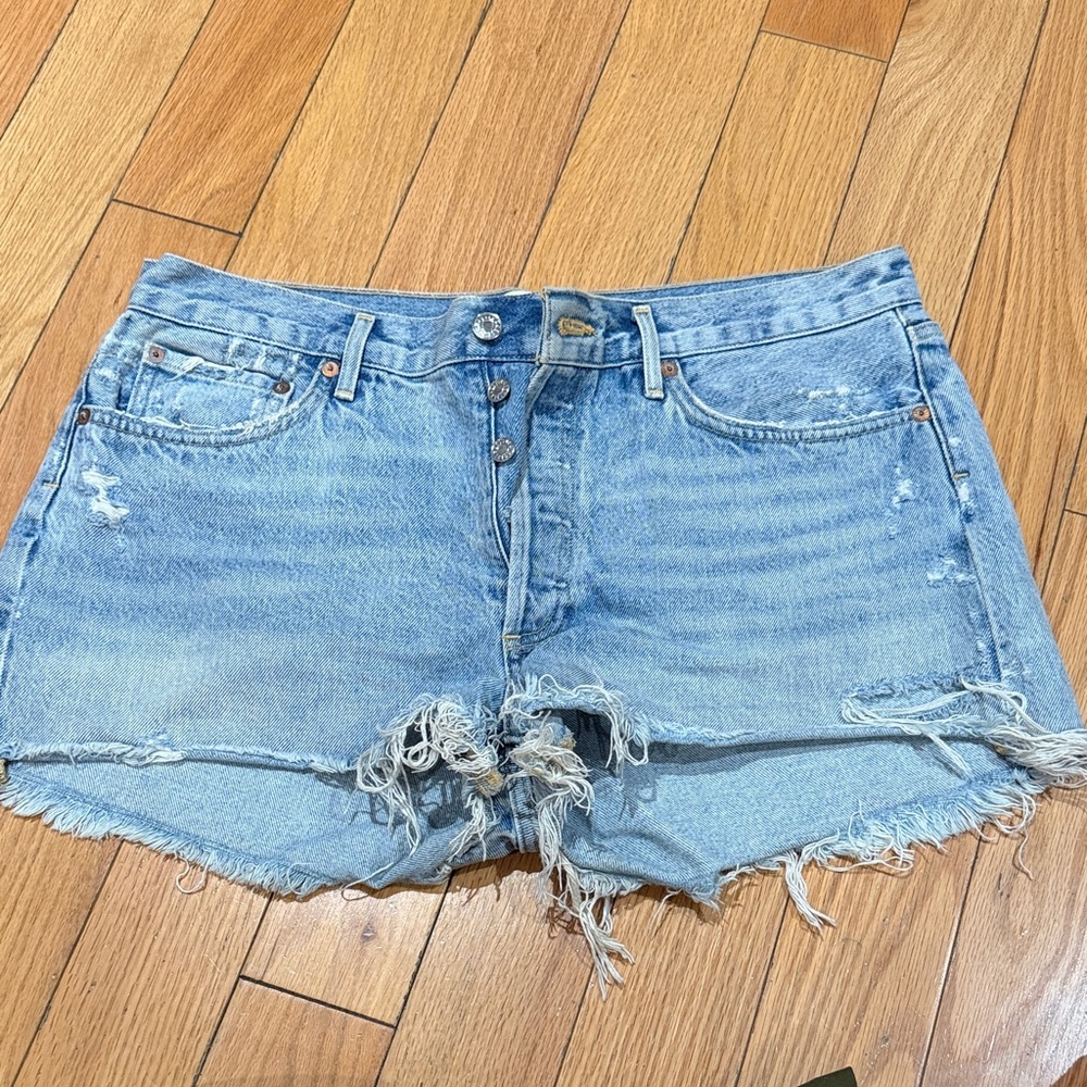 Agolde Faded Blue Frayed Hem Jean Shorts